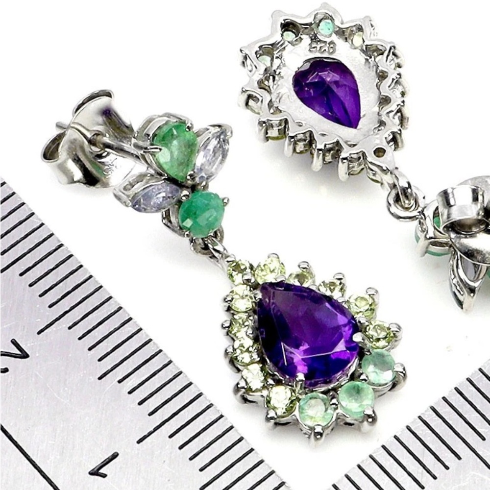 Genuine AA Amethyst, Emerald & Peridot & Tanzanite Gemstone Earrings - Picture 5 of 6